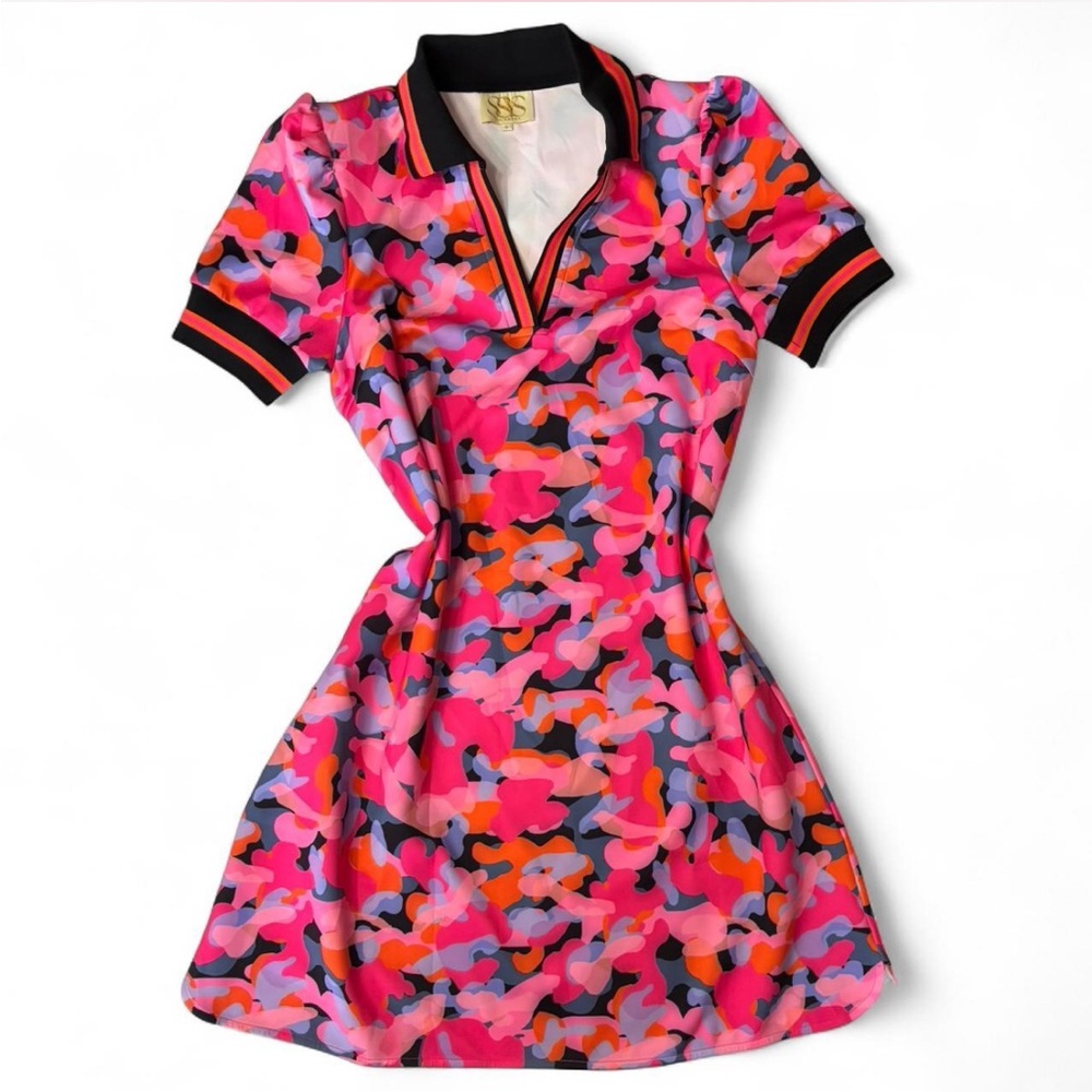 Ribbed Pink and Black Polo Collar Mini Dress